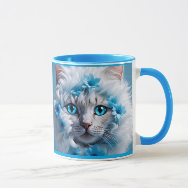 Regular blue mug with beautiful white cat  (Right)