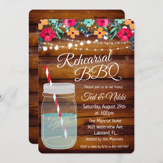Rehearsal BBQ Mason Jar Invitation (Front/Back)