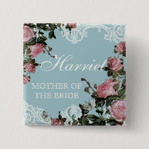 Rehearsal Bridal Party tags, Trellis Rose Vintage 15 Cm Square Badge