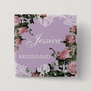 Rehearsal Bridal Party tags, Trellis Rose Vintage 15 Cm Square Badge