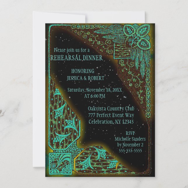 Rehearsal Dinner | Art Deco Turquoise and Green Invitation (Front)
