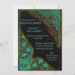 Rehearsal Dinner   Art Deco Turquoise and Green Invitation