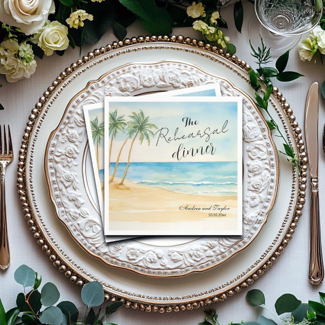 Rehearsal Dinner Beach and Palm Trees Wedding Napkin (Creator Uploaded)
