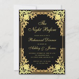 Rehearsal Dinner Black Faux Gold Elegant Vintage Invitation