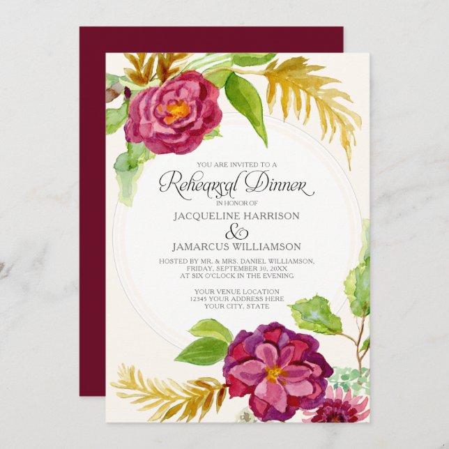 Rehearsal Dinner BOHO Burgundy Floral Fall Roses Invitation (Front/Back)