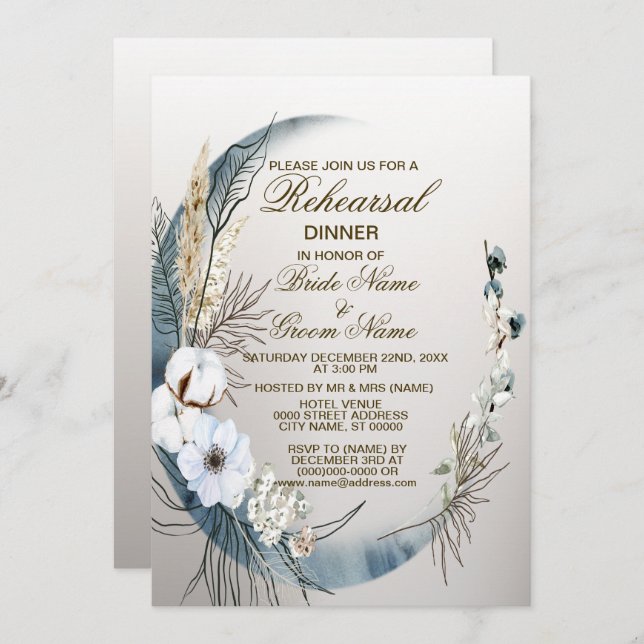 Rehearsal Dinner Boho White Flower Blue Moon Party Invitation (Front/Back)