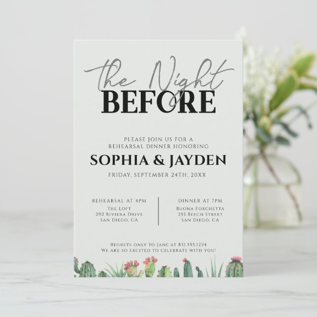 Rehearsal Dinner Cactus Watercolor Sage Garden Invitation (Standing Front)