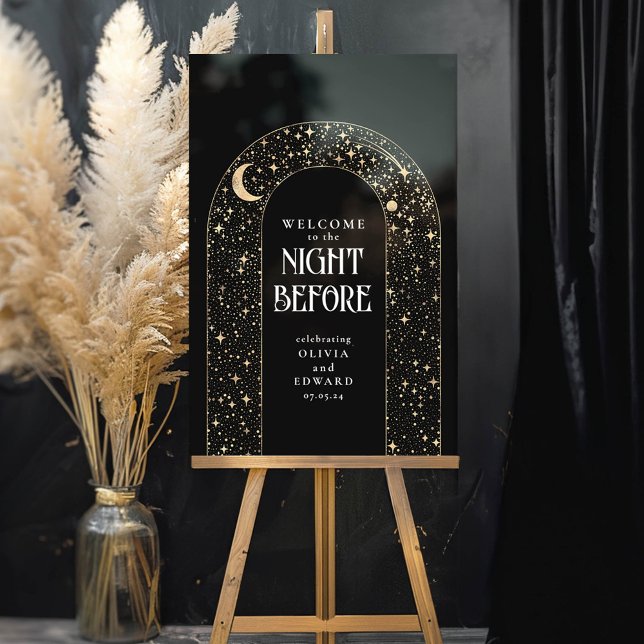 Rehearsal Dinner Celestial Black Welcome Acrylic Sign (Celestial Black Rehearsal Dinner Welcome Sign "The Night Before")