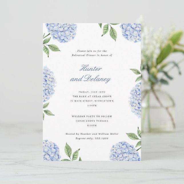 Rehearsal Dinner Classic Blue Hydrangea Flower Invitation (Standing Front)