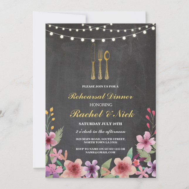 Rehearsal Dinner Cutlery Gold Lights Chalk Invite (Front)