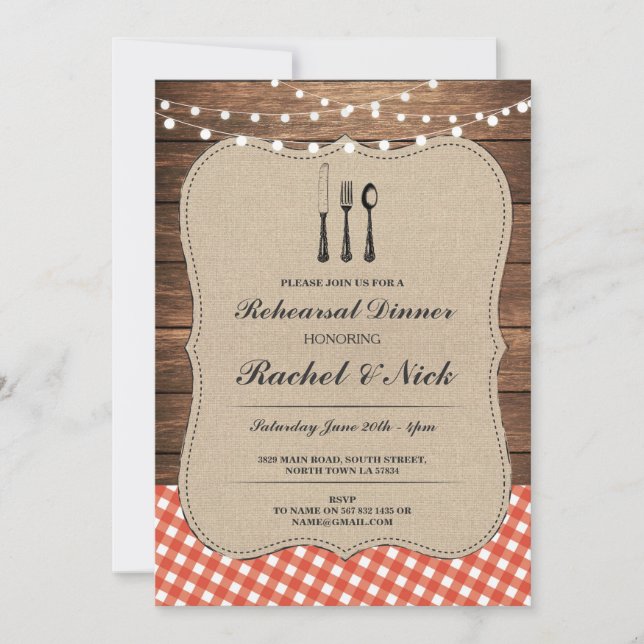 Rehearsal Dinner Cutlery Red Check Rustic Invite (Front)