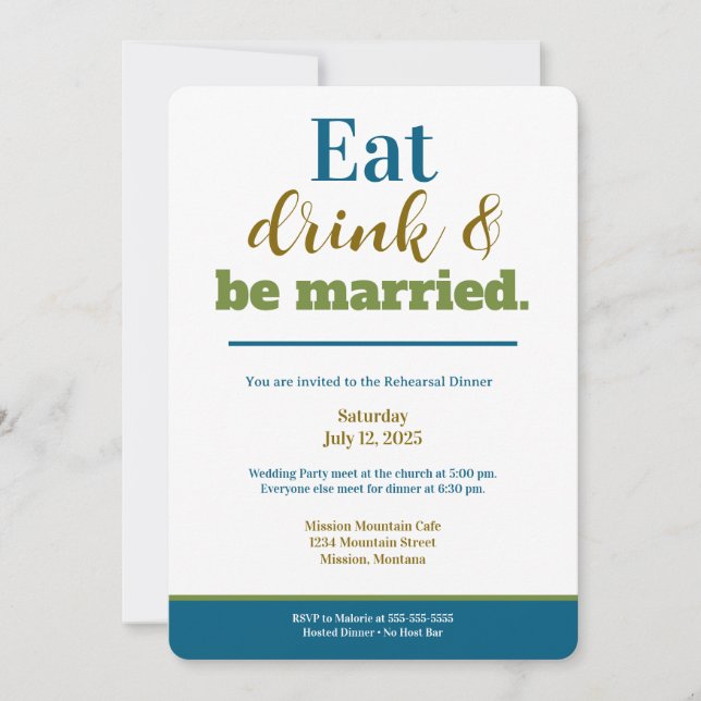 Rehearsal Dinner Eat Drink and Be Married Purple Invitation (Front)
