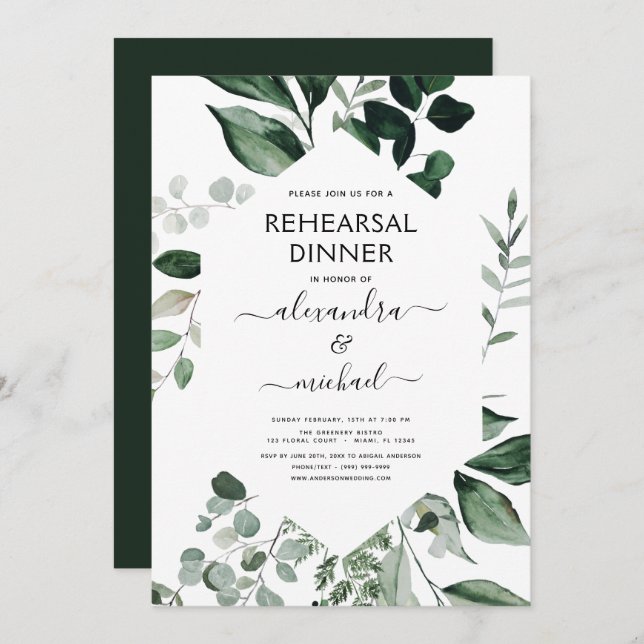 Rehearsal Dinner Foliage Greenery Elegant Invitati Invitation (Front/Back)