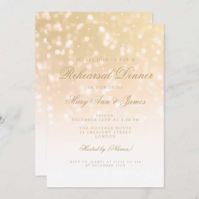 Rehearsal Dinner Gold Bokeh Sparkle Lights Invitation (Front/Back)