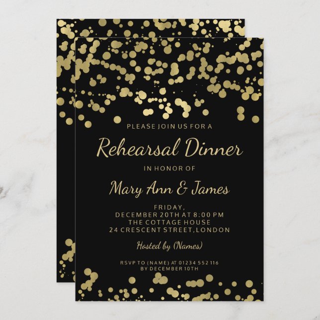 Rehearsal Dinner Gold Foil Look Confetti Invitation (Front/Back)