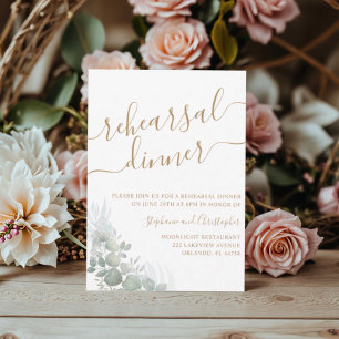 Rehearsal Dinner Green Foliage Gold Script Wedding Invitation