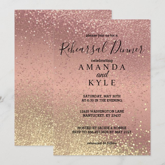 Rehearsal Dinner in Rose Gold and Gold Glitter Invitation (Front/Back)