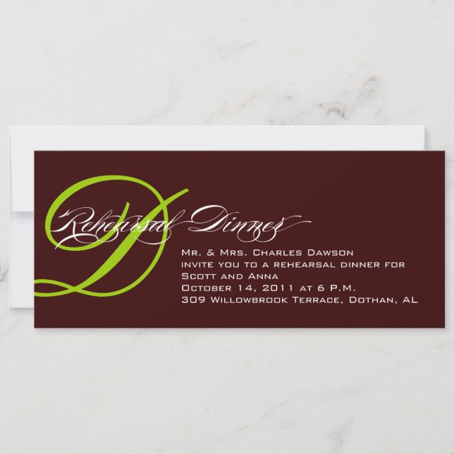 Rehearsal Dinner Invitation Brown Green Monogram B (Front)