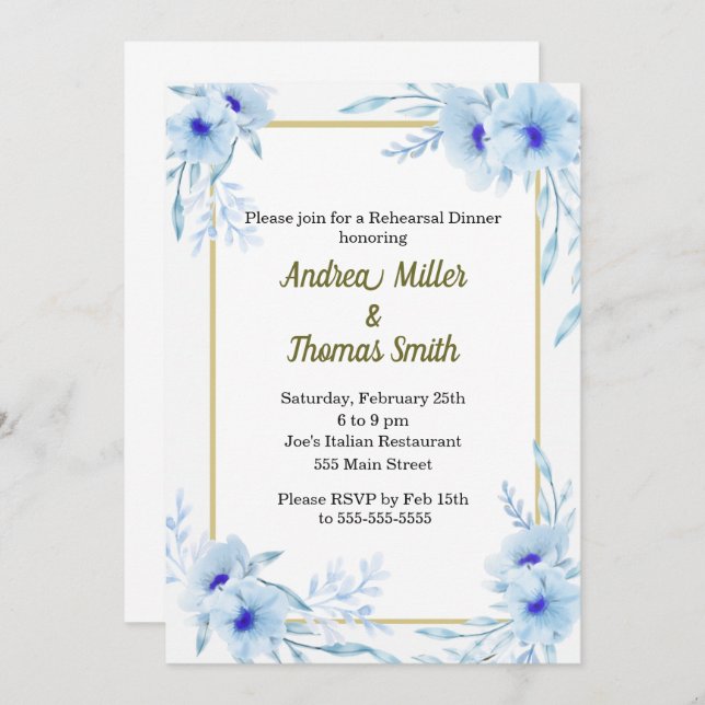 Rehearsal Dinner Invitation Floral Blue Gold (Front/Back)