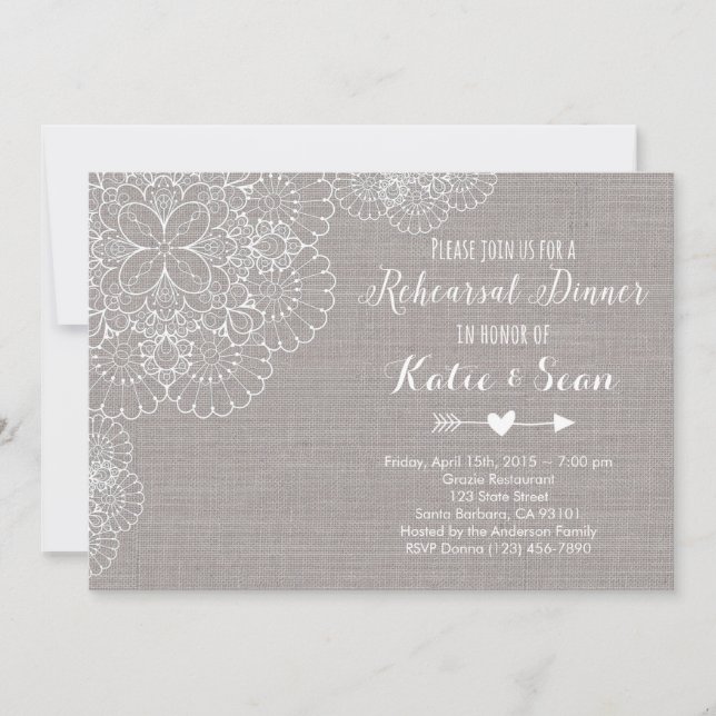 Rehearsal Dinner Invitation Grey Burlap & Lace (Front)