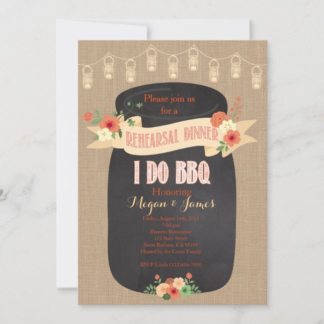 Rehearsal Dinner Invitation. I do BBQ, Mason Jar Invitation (Front)