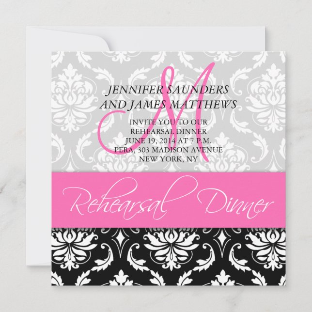 Rehearsal Dinner Invite Damask Monogram Hot Pink (Front)