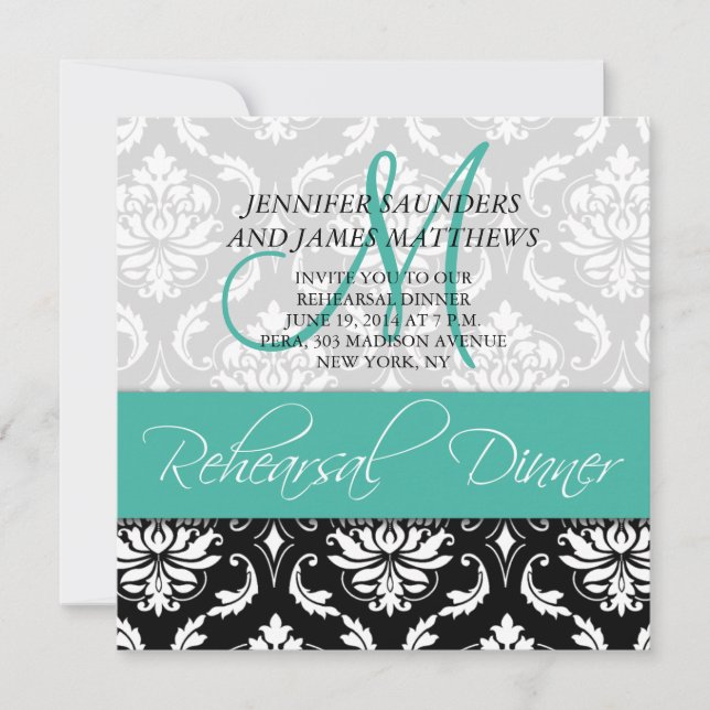 Rehearsal Dinner Invite Damask Monogram Turquoise (Front)