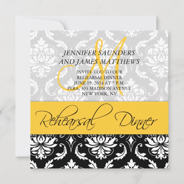 Rehearsal Dinner Invite Damask Monogram Yellow (Front)