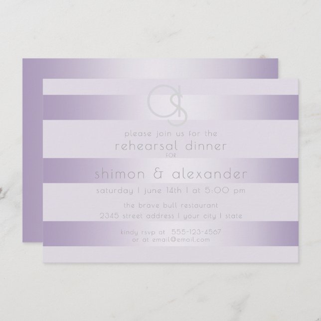 Rehearsal Dinner  | Lilac Shimmer Stripes Monogram Invitation (Front/Back)