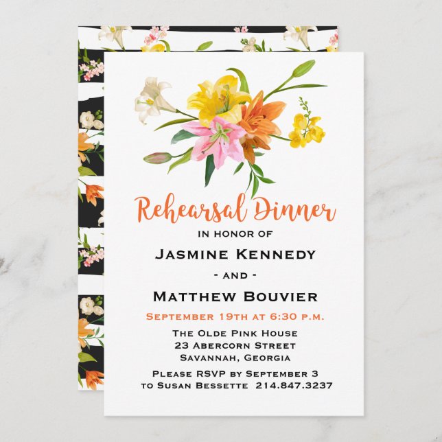 Rehearsal Dinner Lily Flowers Orange Black Stripes Invitation (Front/Back)