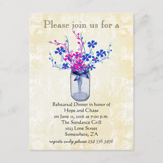 Rehearsal Dinner Mason Jar Lapis Blue and Hot Pink Invitation Postcard (Front)