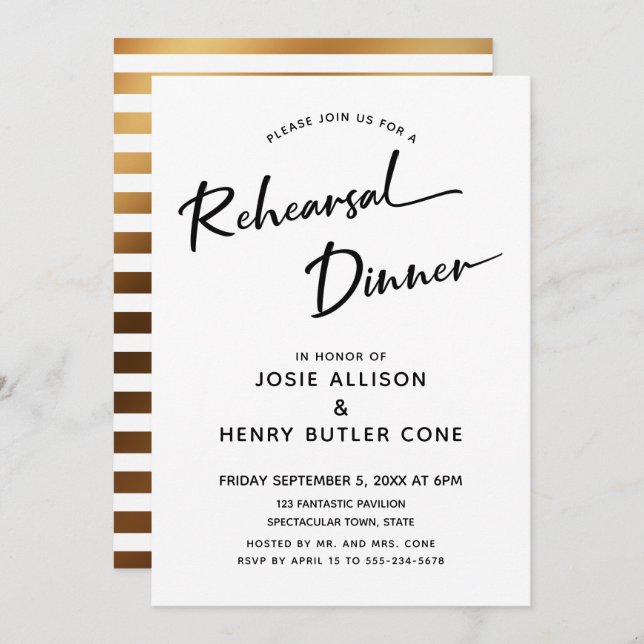 Rehearsal Dinner Modern Calligraphy, Gold Stripes Invitation (Front/Back)