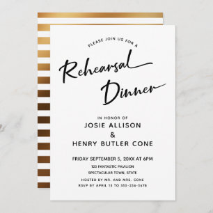Rehearsal Dinner Modern Calligraphy, Gold Stripes Invitation