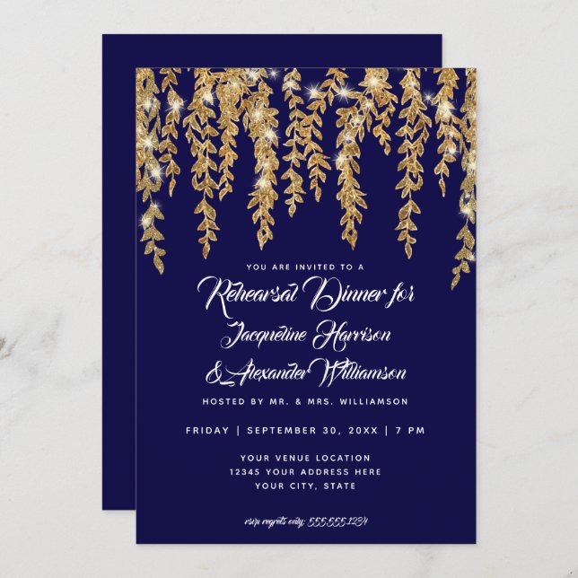 Rehearsal Dinner Modern Twinkle Lights Leaf Gold Invitation (Front/Back)