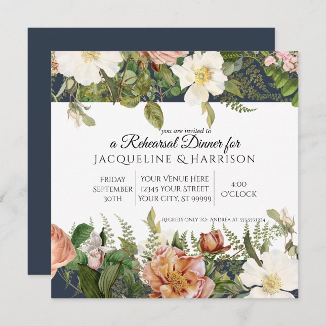 Rehearsal Dinner Navy Blue Blush Ivory Rose Floral Invitation (Front/Back)