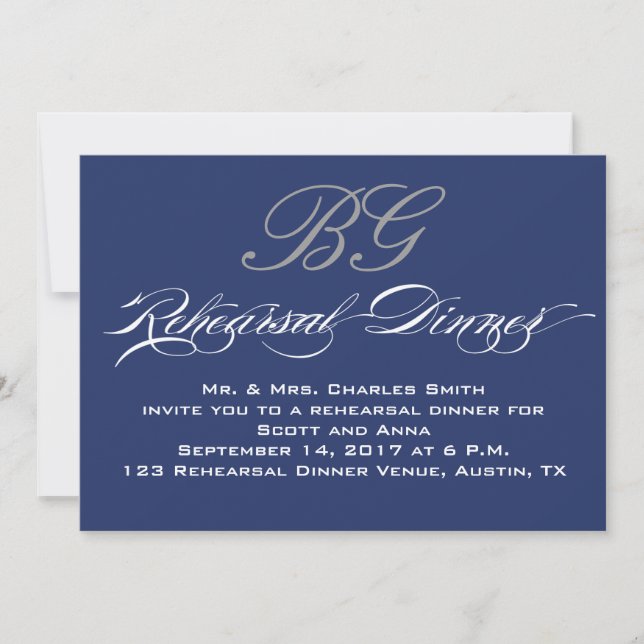 Rehearsal Dinner | Navy Blue Grey Initials Invitation (Front)