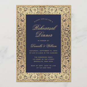 Rehearsal Dinner Navy Blue Vintage Gold Roses Invitation