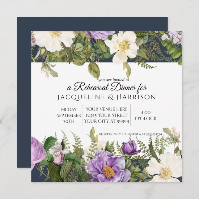 Rehearsal Dinner Navy Purple Ivory Rose Floral Invitation (Front/Back)