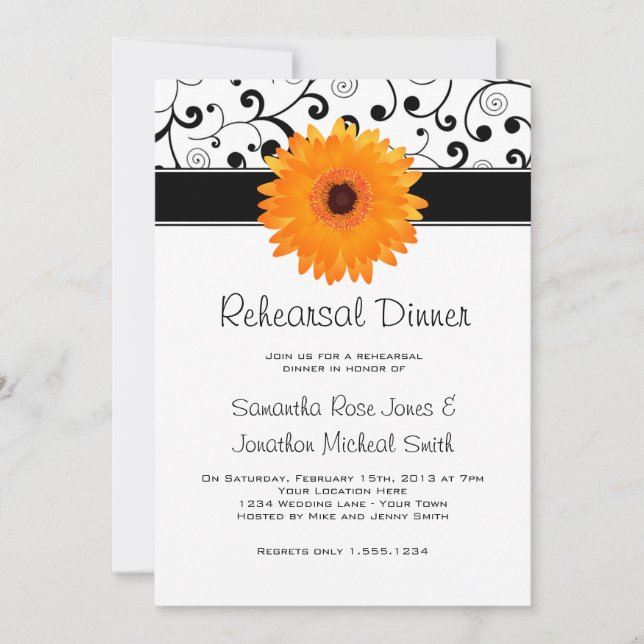 Rehearsal Dinner Orange Gerbera Daisy Black Scroll Invitation (Front)