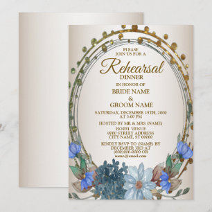 Rehearsal Dinner Party Blue Floral Golden Vintage  Invitation