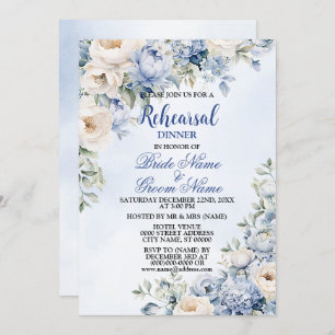 Rehearsal Dinner Party Dusty Blue Ivory Flowers   Invitation