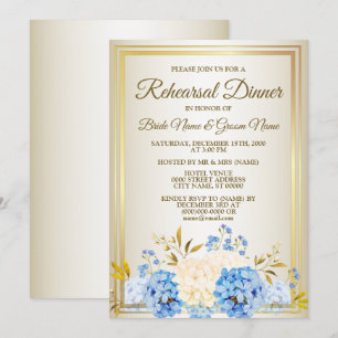 Rehearsal Dinner Party Golden Blue Yellow Floral Invitation