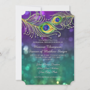 Rehearsal Dinner Peacock Feather Jewelled Feathers Invitation