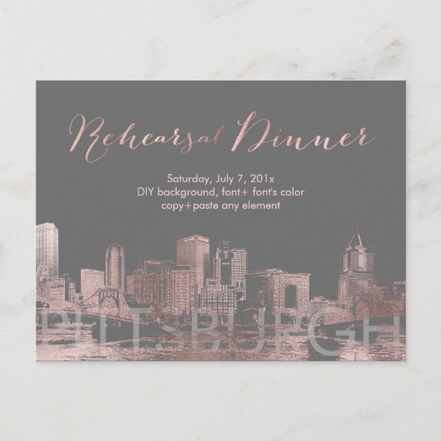 Rehearsal Dinner Pink Gold Pittsburgh Skyline Announcement Postcard (Front)