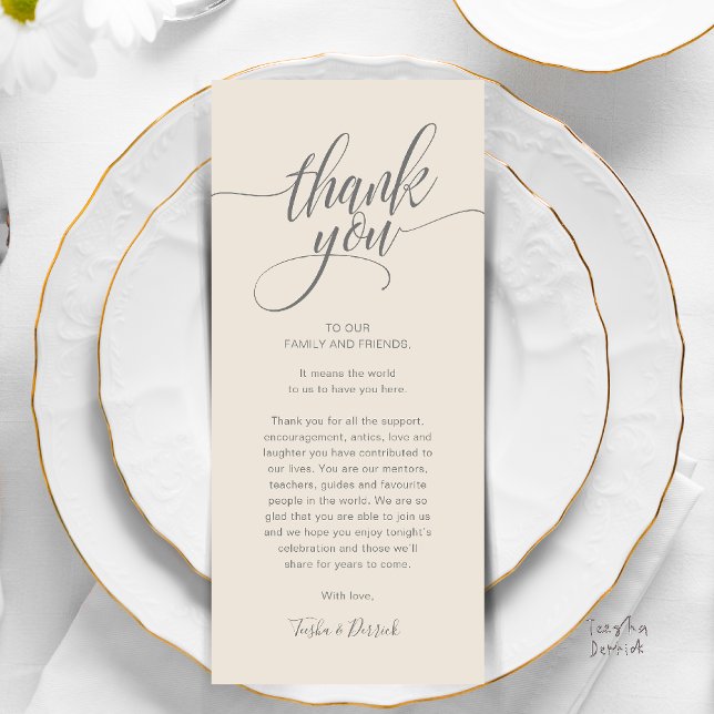 Rehearsal Dinner Place Setting Thank you Card (Modern Script Wedding Guest Dinner Reception Brunch Lunch Thank You Card in Classy Warm Cream Grey)
