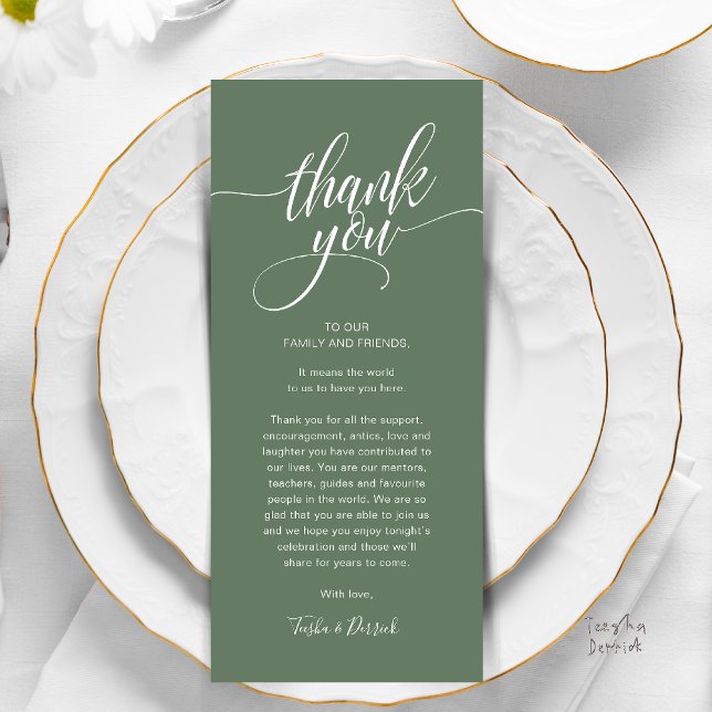 Rehearsal Dinner Place Setting Thank you Card (Modern Script Wedding Guest Dinner Reception Brunch Lunch Thank You Card in Forest Sage Green)