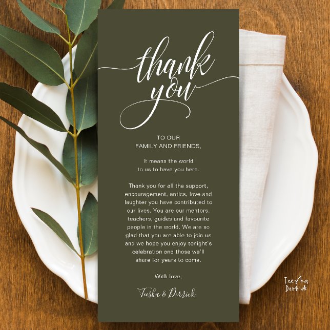 Rehearsal Dinner Place Setting Thank you Card (Modern Script Wedding Guest Dinner Reception Brunch Lunch Thank You Card in Olive Green)