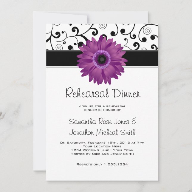 Rehearsal Dinner Purple Gerbera Daisy Black Scroll Invitation (Front)