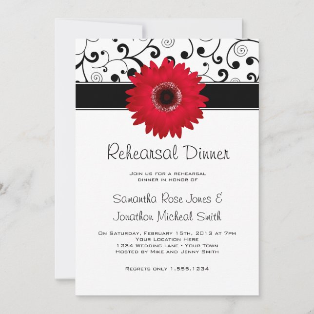 Rehearsal Dinner Red Gerbera Daisy Black Scroll Invitation (Front)