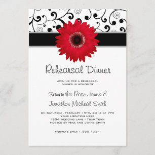 Rehearsal Dinner Red Gerbera Daisy Black Scroll Invitation